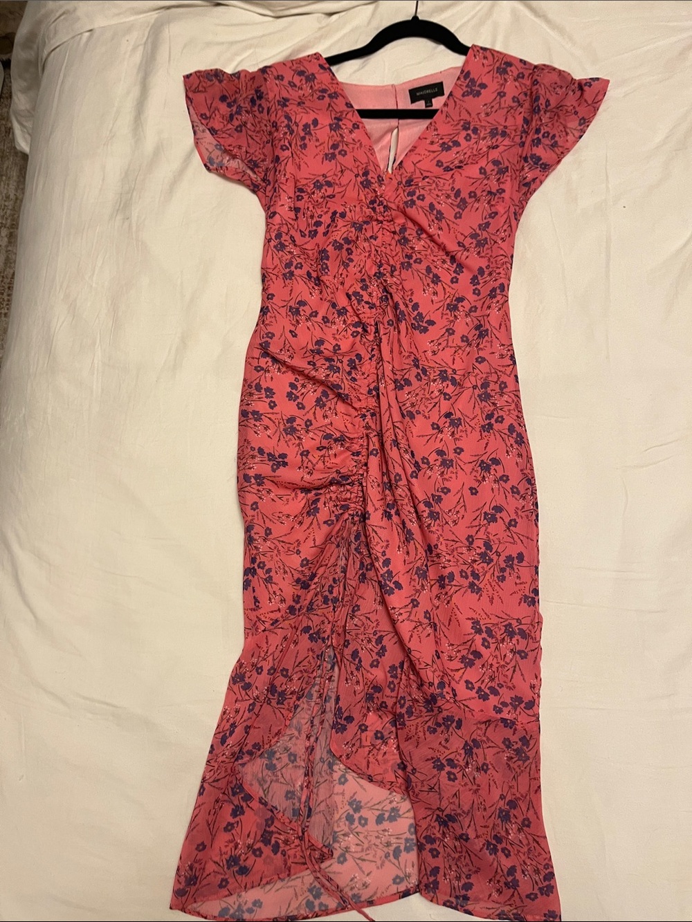 MAJORELLE Pink Floral Ruched Midi Dress Size Small